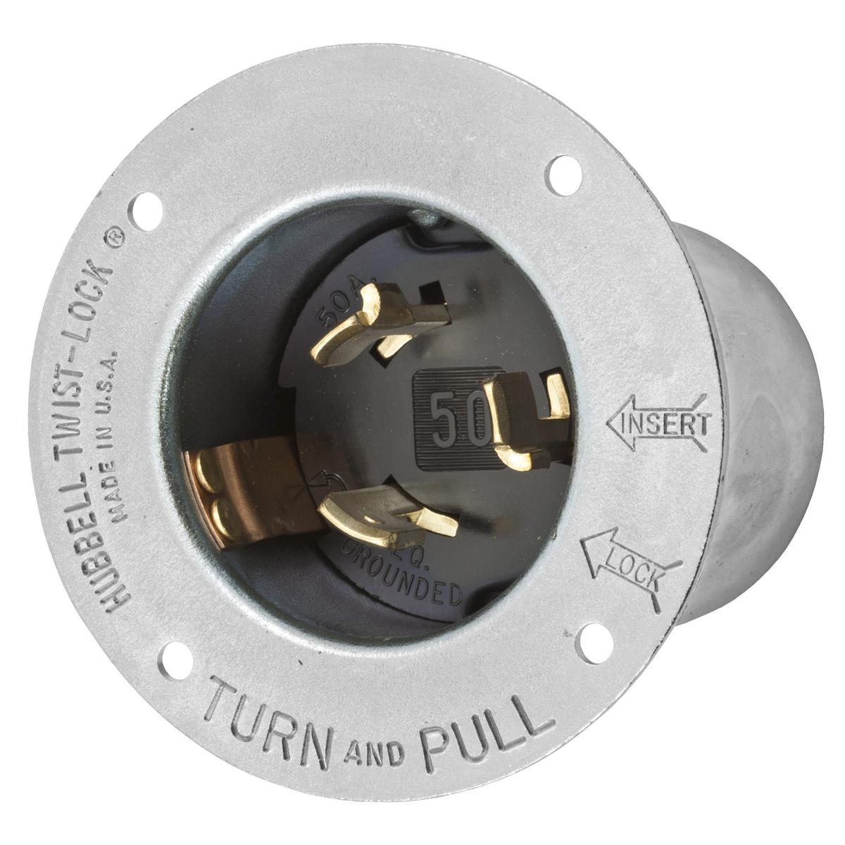 Hubbell Wiring Device-Kellems Twist-Lock® HBL3775 3-Phase Extra Heavy Duty Grounding Standard Screw Mount Locking Flanged Inlet, 600 V AC/250 V DC, 50 A, 3 Poles, 4 Wires, Metallic