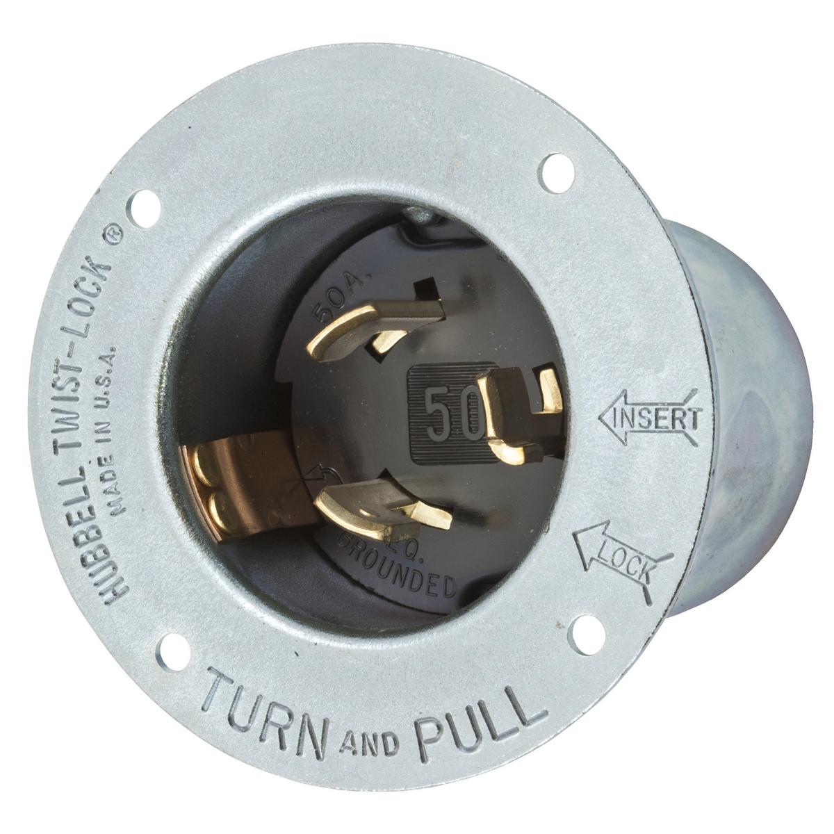 Hubbell Wiring Device-Kellems Twist-Lock® HBL3777 3-Phase Grounding Standard Screw Mount Locking Flanged Inlet, 600 V AC/250 V DC, 50 A, 2 Poles, 3 Wires, Metallic
