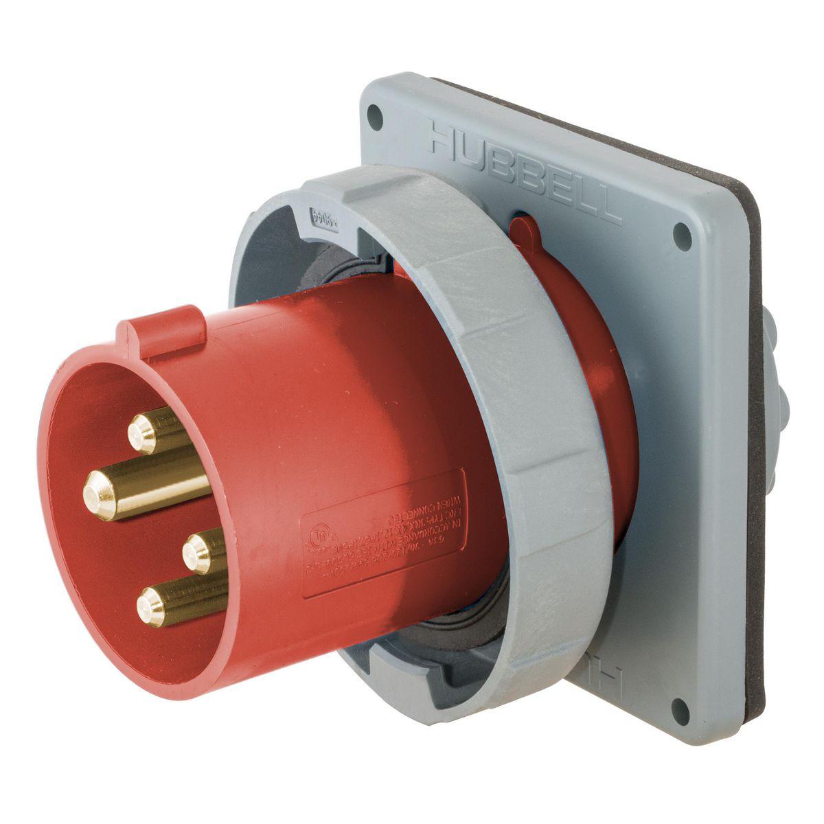 Hubbell Wiring Device-Kellems HBL460B6W Grounding Heavy Duty Male Multi-Phase Pin and Sleeve Inlet, 380 to 415 V AC, 60/63 A, 3 Poles, 4 Wires, Red