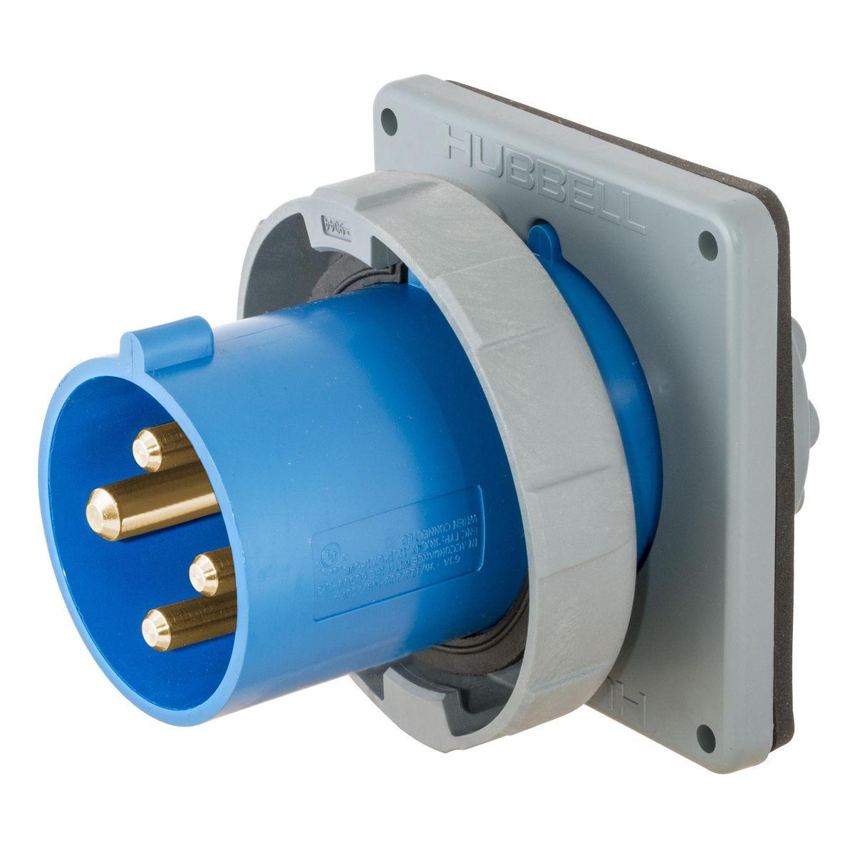 Hubbell Wiring Device-Kellems HBL4100B9W 3-Phase Male Single Flanged Standard Watertight Screw Mount Pin and Sleeve Inlet, 250 V AC, 100 A, 3 Poles, 4 Wires, Blue