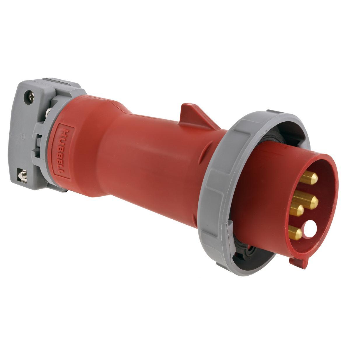 Hubbell Wiring Device-Kellems HBL4100P7W 3-Phase Grounding Male Non-NEMA Portable Standard Watertight Cord Mount Pin and Sleeve Plug, 480 V AC, 100 A, 3 Poles, 4 Wires, Red