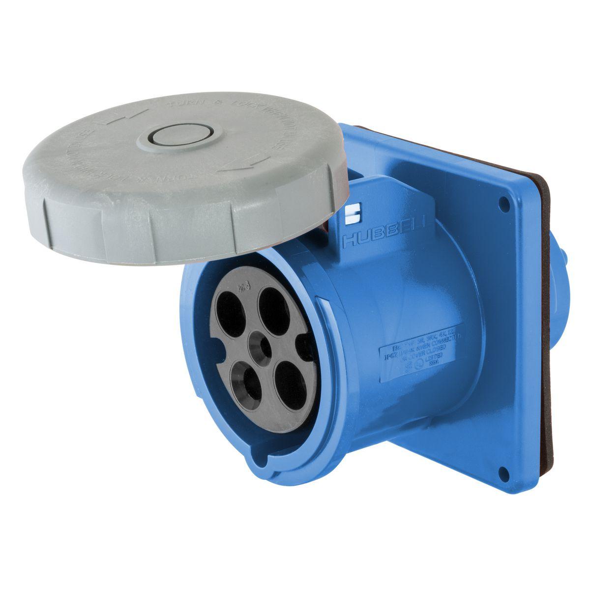 Hubbell Wiring Device-Kellems HBL430R9W 3-Phase Flanged Grounding Non-NEMA Single Standard Watertight Screw Mount Pin and Sleeve Receptacle, 250 V AC, 30 A, 3 Poles, 4 Wires, Blue