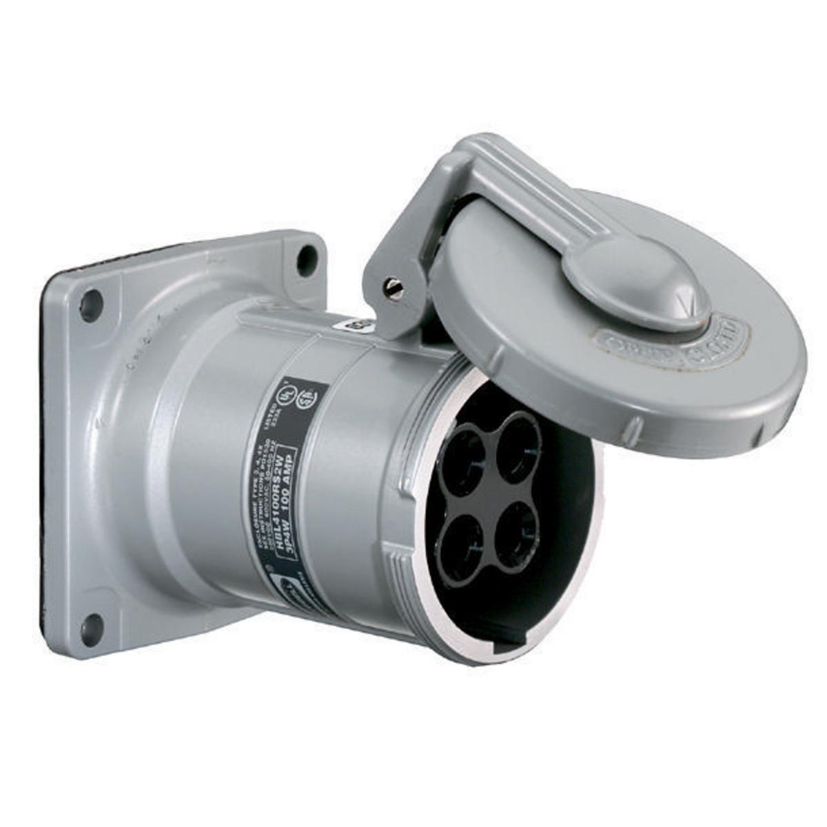 Hubbell Wiring Device-Kellems HBL® Insulgrip® HBL4100RS2W 1/3-Phase Flanged Grounding Non-NEMA Style 2 Single Standard Watertight Screw Mount Pin and Sleeve Receptacle, 600 V AC, 100 A, 3 Poles, 4 Wires, Black/Gray