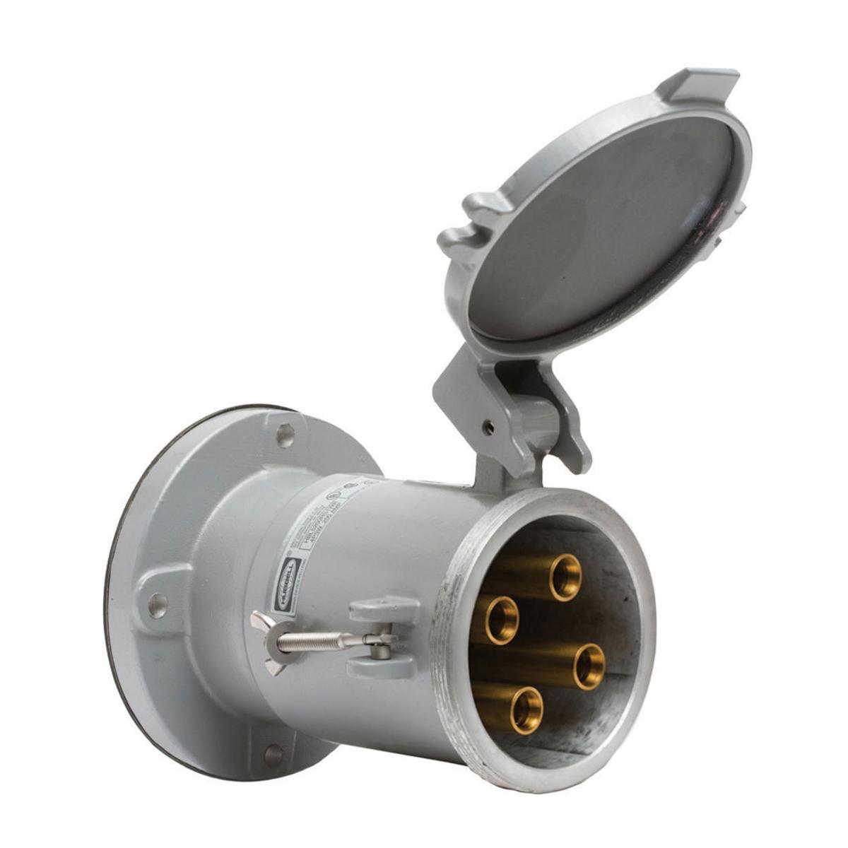 Hubbell Wiring Device-Kellems HBL® Insulgrip® HBL4200RS2WR 2 Series 1/3-Phase Flanged Grounding Non-NEMA Style 2 Single Reversed Standard Watertight Screw Mount Pin and Sleeve Receptacle, 600 V AC, 200 A, 3 Poles, 4 Wires, Black/Gray