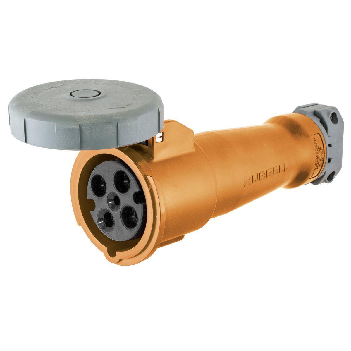 Hubbell Wiring Device-Kellems HBL460C12W Female Insulated Watertight Cord Mount Pin and Sleeve Connector, 125/250 V AC, 60 A, 3 Poles, 4 Wires, Orange