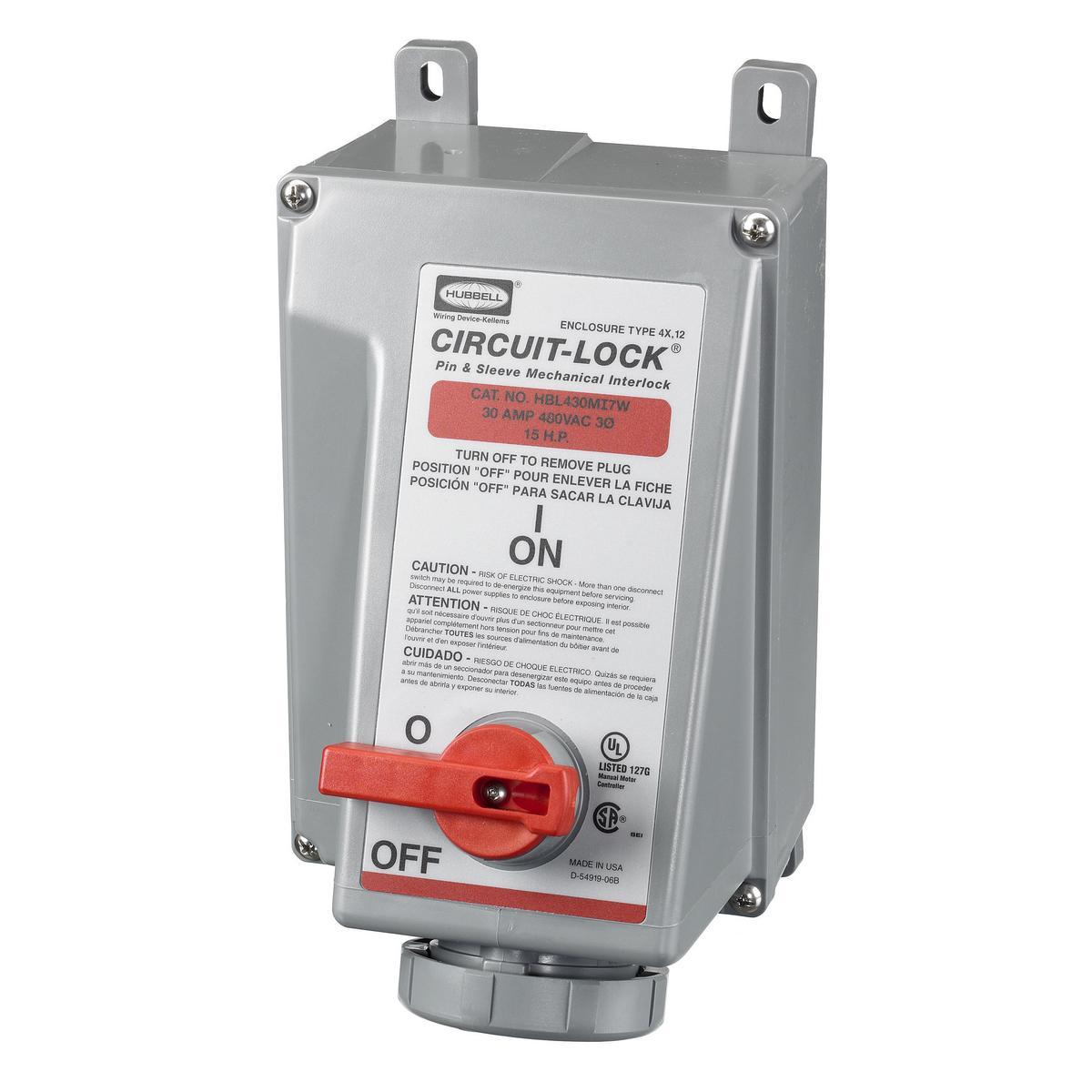 Hubbell Wiring Device-Kellems HBL430MI7W 3-Phase Female Grounding Non-NEMA Standard Watertight Pressure Screw Terminal Mechanical Interlock Device, 480 V AC, 30 A, 3 Poles, 4 Wires