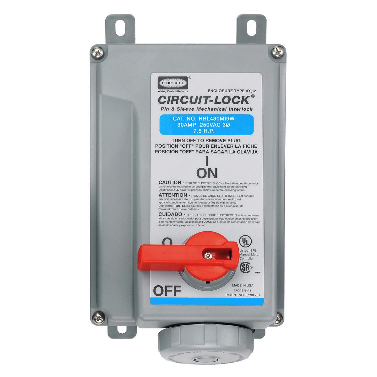 Hubbell Wiring Device-Kellems HBL430MI9W 3-Phase Female Grounding Non-NEMA Standard UnFusible Watertight Pressure Screw Terminal Pin and Sleeve Mechanical Interlock, 240 V AC, 30 A, 3 Poles, 4 Wires
