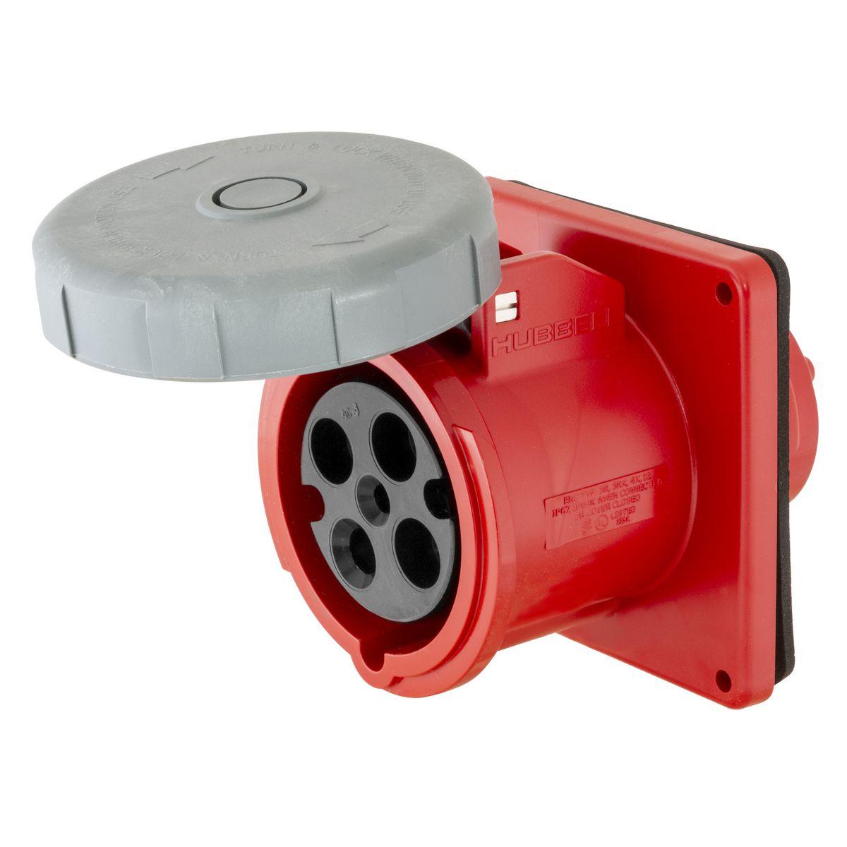 Hubbell Wiring Device-Kellems HBL430R7W 3-Phase Flanged Grounding Non-NEMA Single Flanged Standard Watertight Screw Mount Pin and Sleeve Receptacle, 480 V AC, 30 A, 3 Poles, 4 Wires, Red