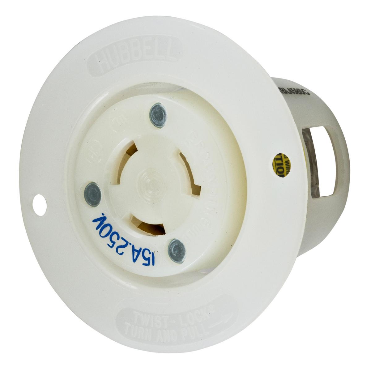 Hubbell Wiring Device-Kellems HBL4585C 1-Flange 1-Phase Grounding Standard Screw Mount Locking Receptacle, 250 V AC, 15 A, 2 Poles, 3 Wires, White