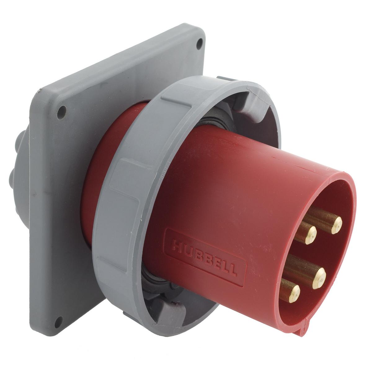 Hubbell Wiring Device-Kellems HBL460B7W 3-Phase Flanged Male Single Standard Watertight Screw Mount Pin and Sleeve Inlet, 480 V AC, 60 A, 3 Poles, 4 Wires, Red