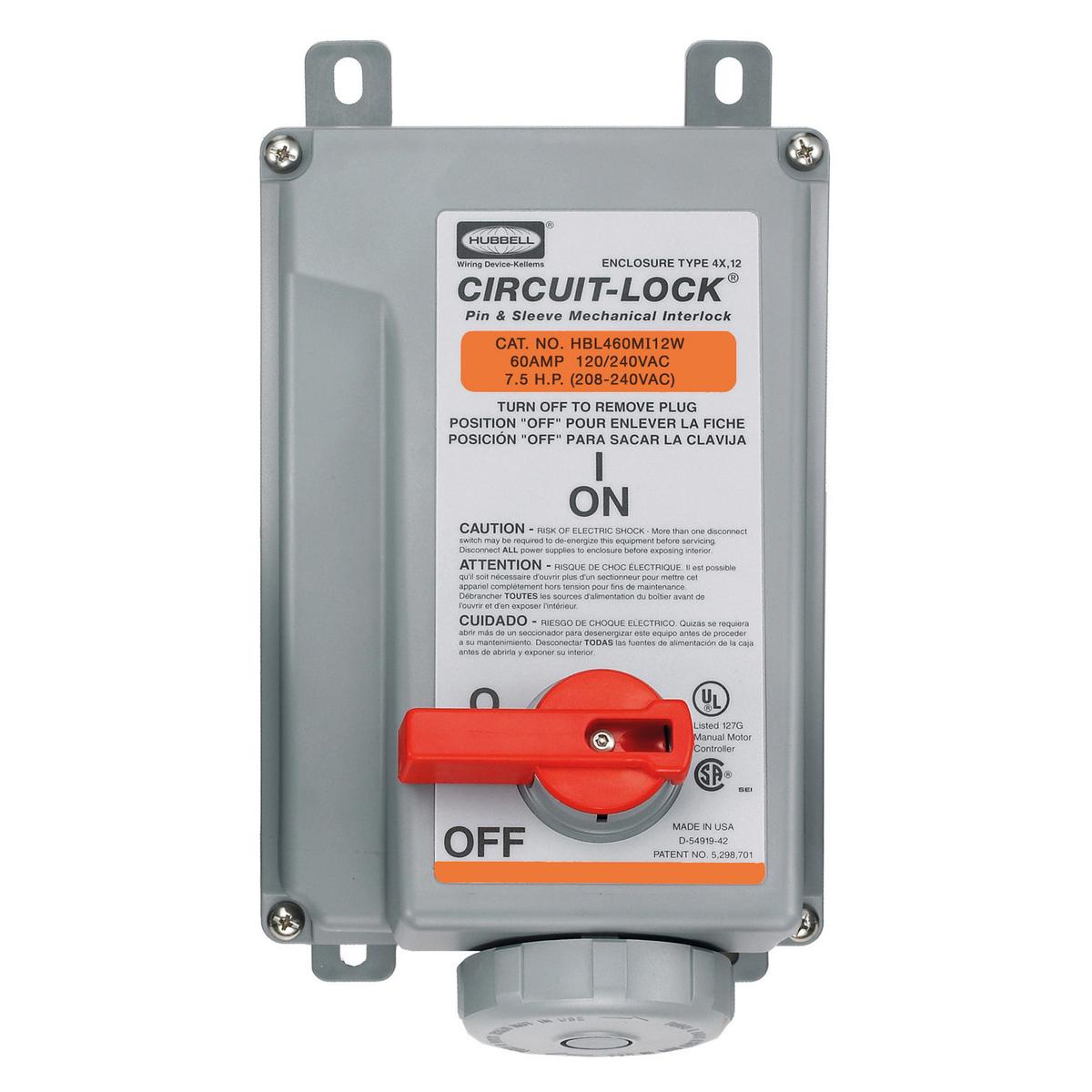 Hubbell Wiring Device-Kellems HBL460MI12W 1-Phase Female Grounding Watertight Pressure Screw Terminal Mechanical Interlock, 120/240 V AC, 60 A, 3 Poles, 4 Wires