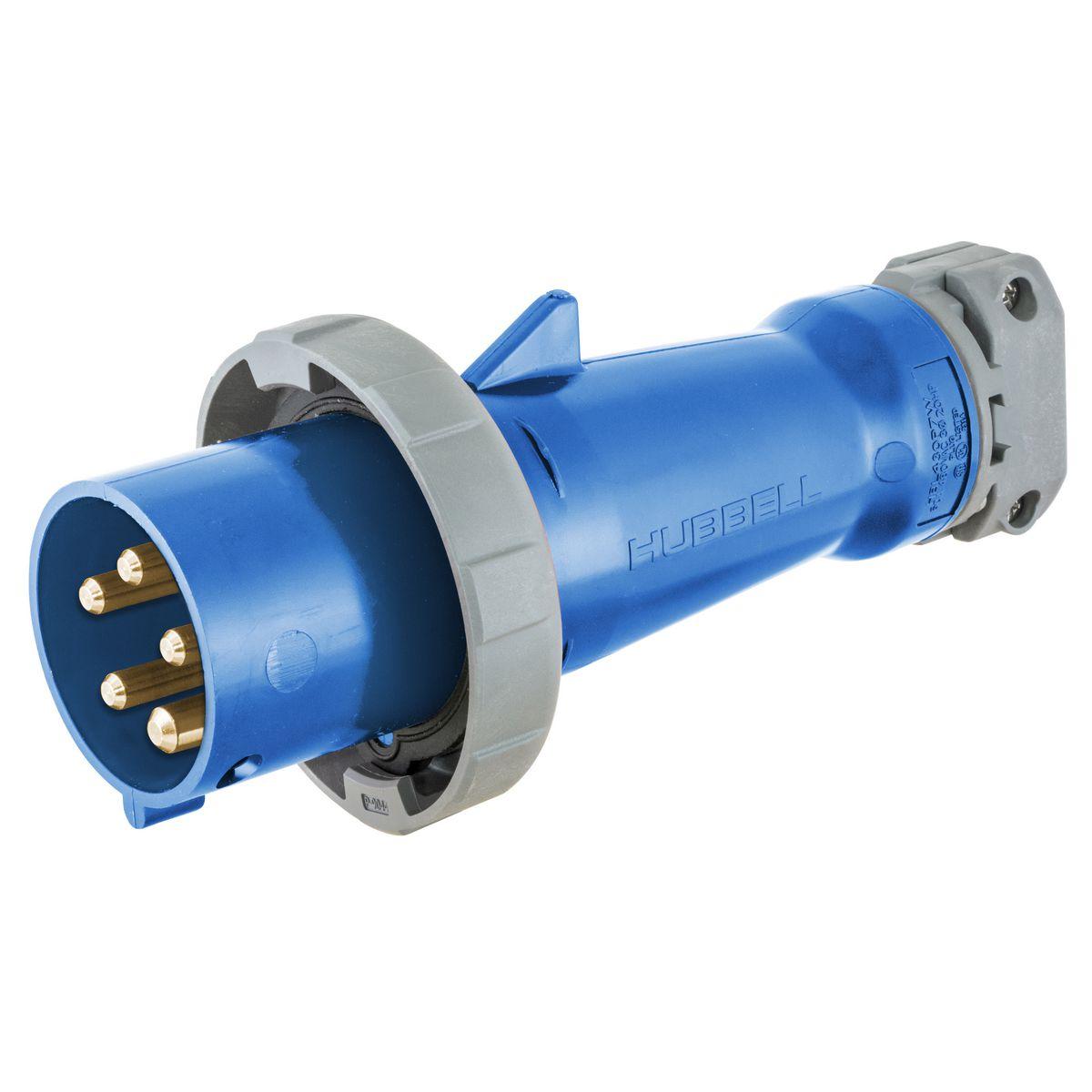 Hubbell Wiring Device-Kellems HBL560P9W HBL 3-Phase Grounding Heavy Duty Male Non-NEMA Portable Standard Watertight Cord Mount Pin and Sleeve Plug, 120/208Y V AC, 60 A, 4 Poles, 5 Wires, Blue