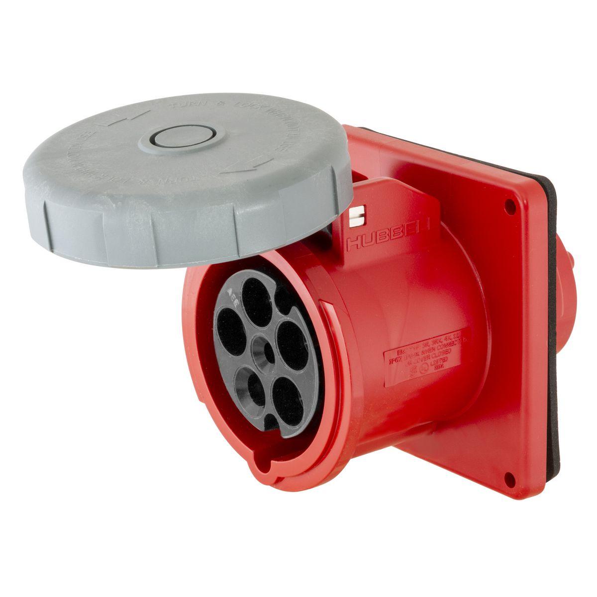 Hubbell Wiring Device-Kellems HBL® HBL5100R7W 3-Phase Flanged Grounding Non-NEMA Single Standard Watertight Screw Mount Pin and Sleeve Receptacle, 277/480Y V AC, 100 A, 4 Poles, 5 Wires, Red