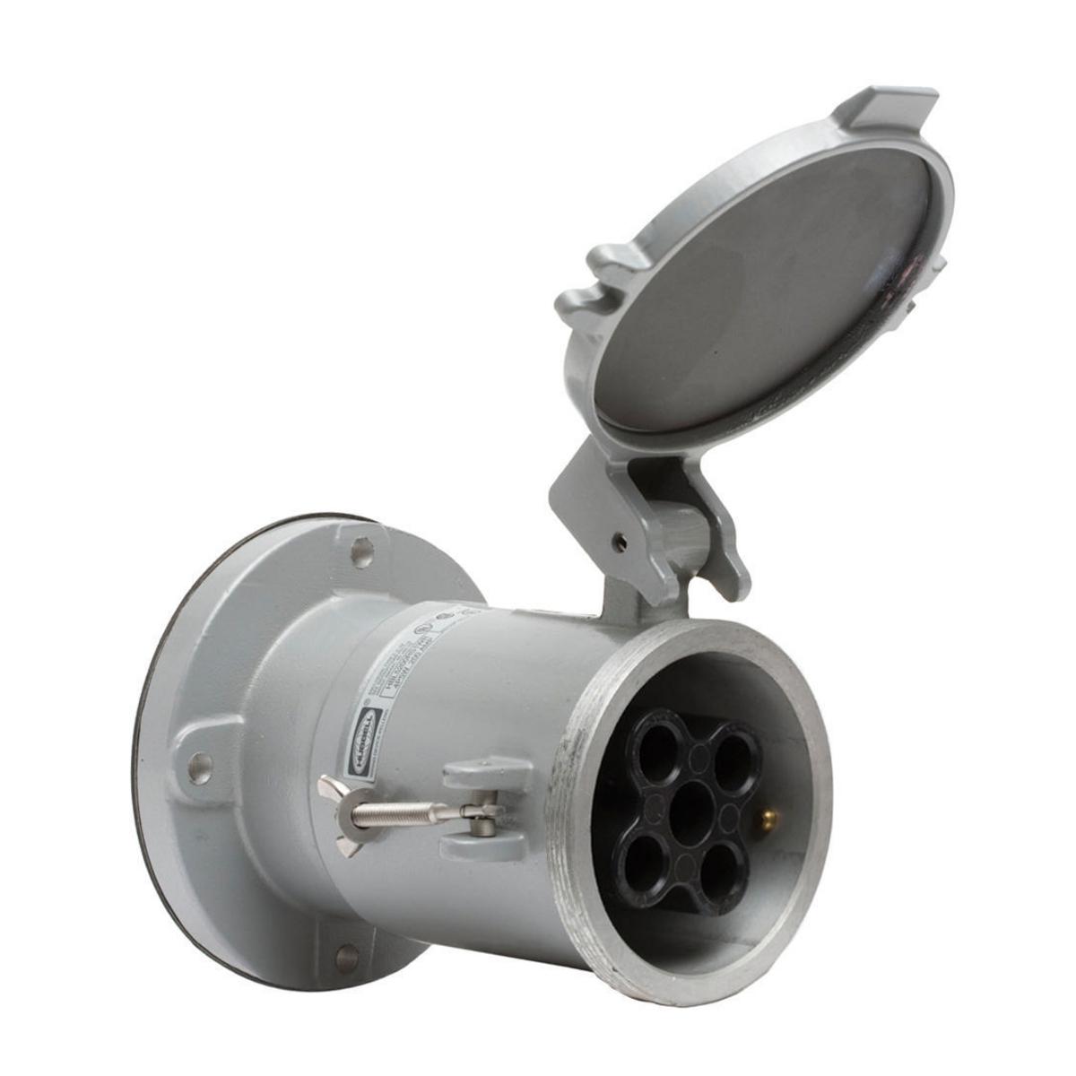 Hubbell Wiring Device-Kellems HBL® Insulgrip® HBL5200RS1W 3-Phase Flanged Grounding Non-NEMA Style 1 Single Standard Watertight Screw Mount Pin and Sleeve Receptacle, 600 V AC, 200 A, 4 Poles, 5 Wires, Black/Gray