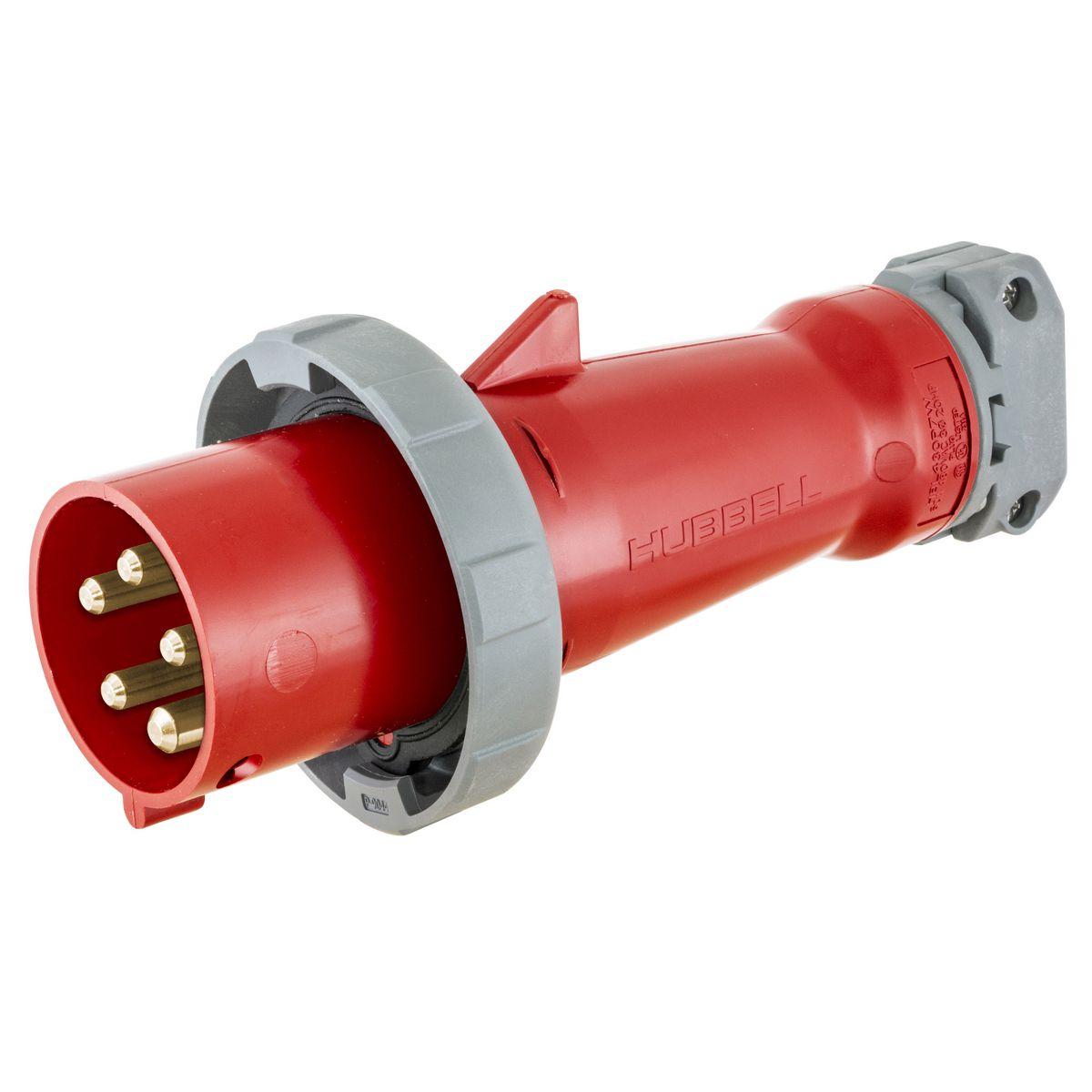 Hubbell Wiring Device-Kellems HBL530P6W Grounding Heavy Duty Male Multi-Phase Cord Mount Watertight Pin and Sleeve Plug, 200 to 415 V AC, 30/32 A, 4 Poles, 5 Wires, Red