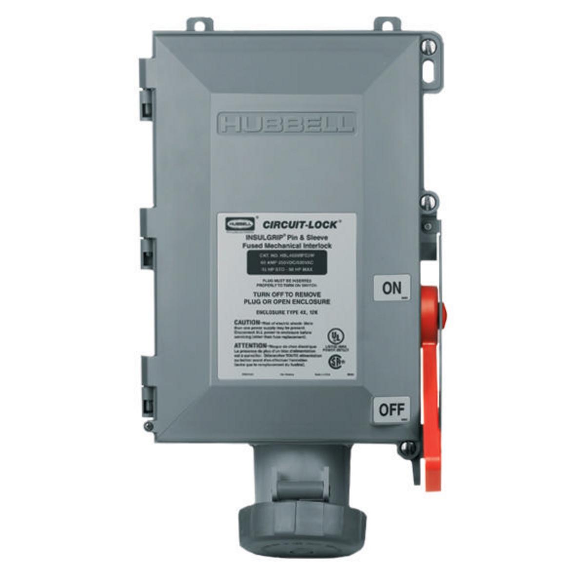 Hubbell Wiring Device-Kellems HBL® Circuit-Lock® HBL460MIF9W 3-Phase Female Grounding Industrial Grade Fused Standard Pressure Screw Terminal Watertight Pin and Sleeve Mechanical Interlock, 240 V AC, 60 A, 3 Poles, 4 Wires