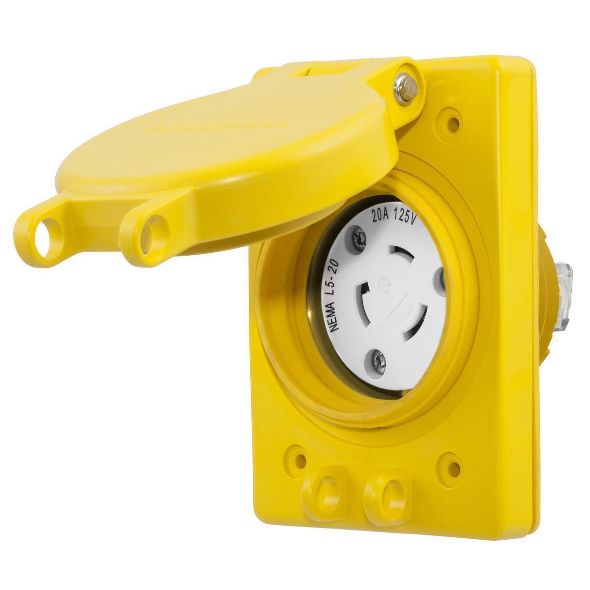 Hubbell Wiring Device-Kellems Twist-Lock® HBL67W47 1-Phase Grounding Standard Single Watertight Screw Mount Locking Receptacle, 125 V AC, 20 A, 2 Poles, 3 Wires, Yellow