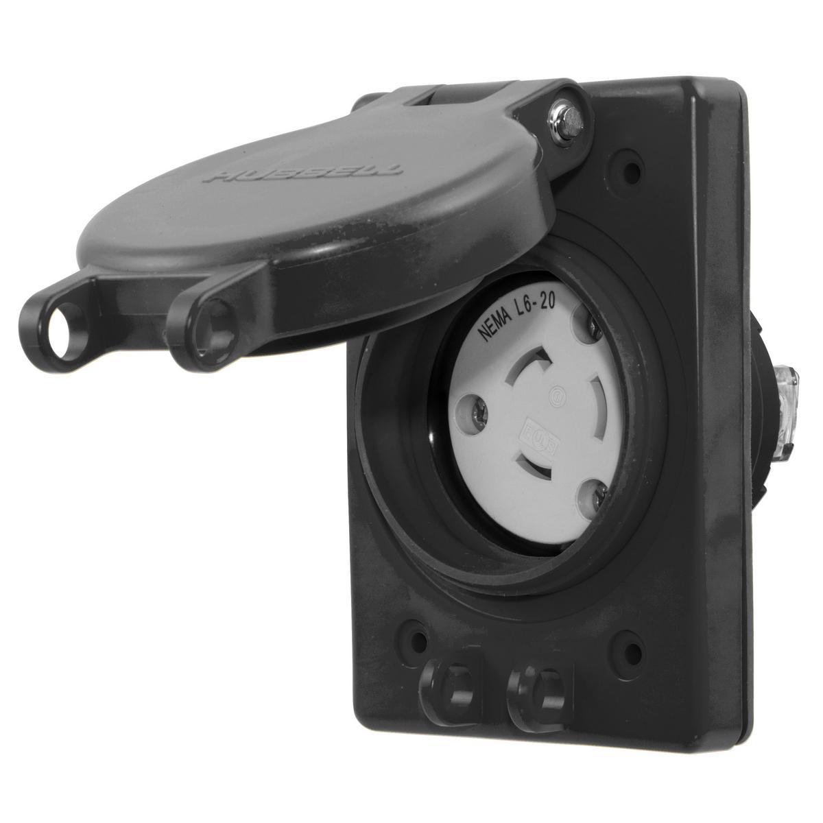 Hubbell Wiring Device-Kellems Twist-Lock® HBL67W48BK Grounding Single Watertight Locking Receptacle With Lift Cover, 20 A, 2 Poles, 3 Wires, Black