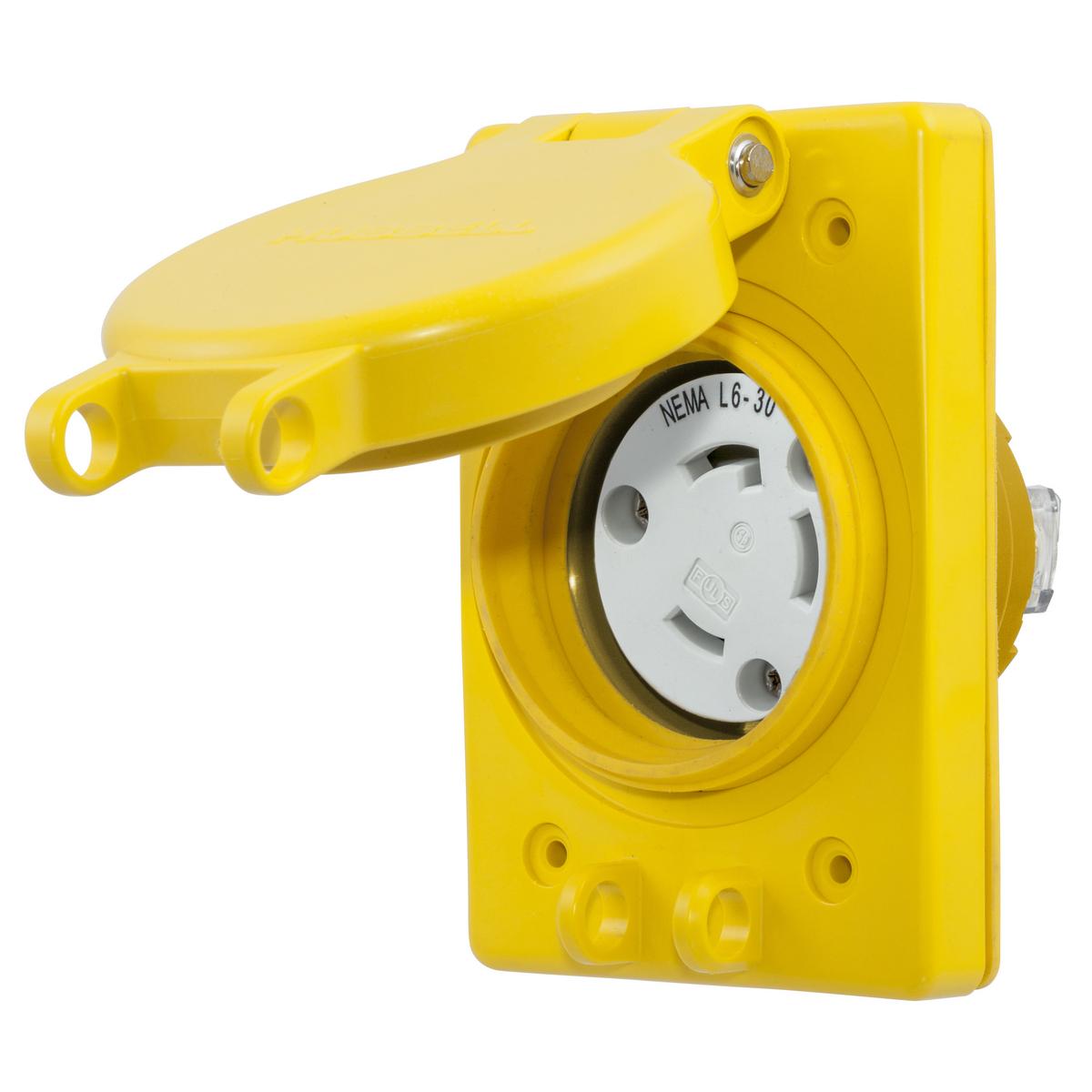 Hubbell Wiring Device-Kellems Twist-Lock® HBL69W48 1-Phase Grounding Single Standard Watertight Screw Mount Locking Receptacle, 250 V AC, 30 A, 2 Poles, 3 Wires, Yellow