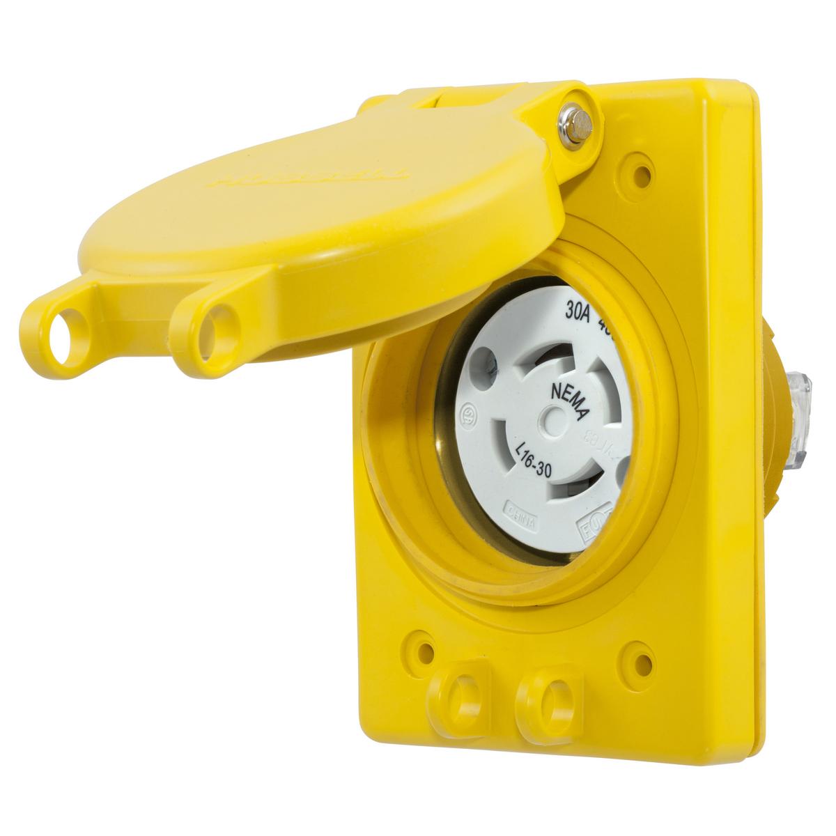Hubbell Wiring Device-Kellems Twist-Lock® HBL69W76 3-Phase Grounding Standard Single Watertight Screw Mount Locking Receptacle, 480 V AC, 30 A, 3 Poles, 4 Wires, Yellow