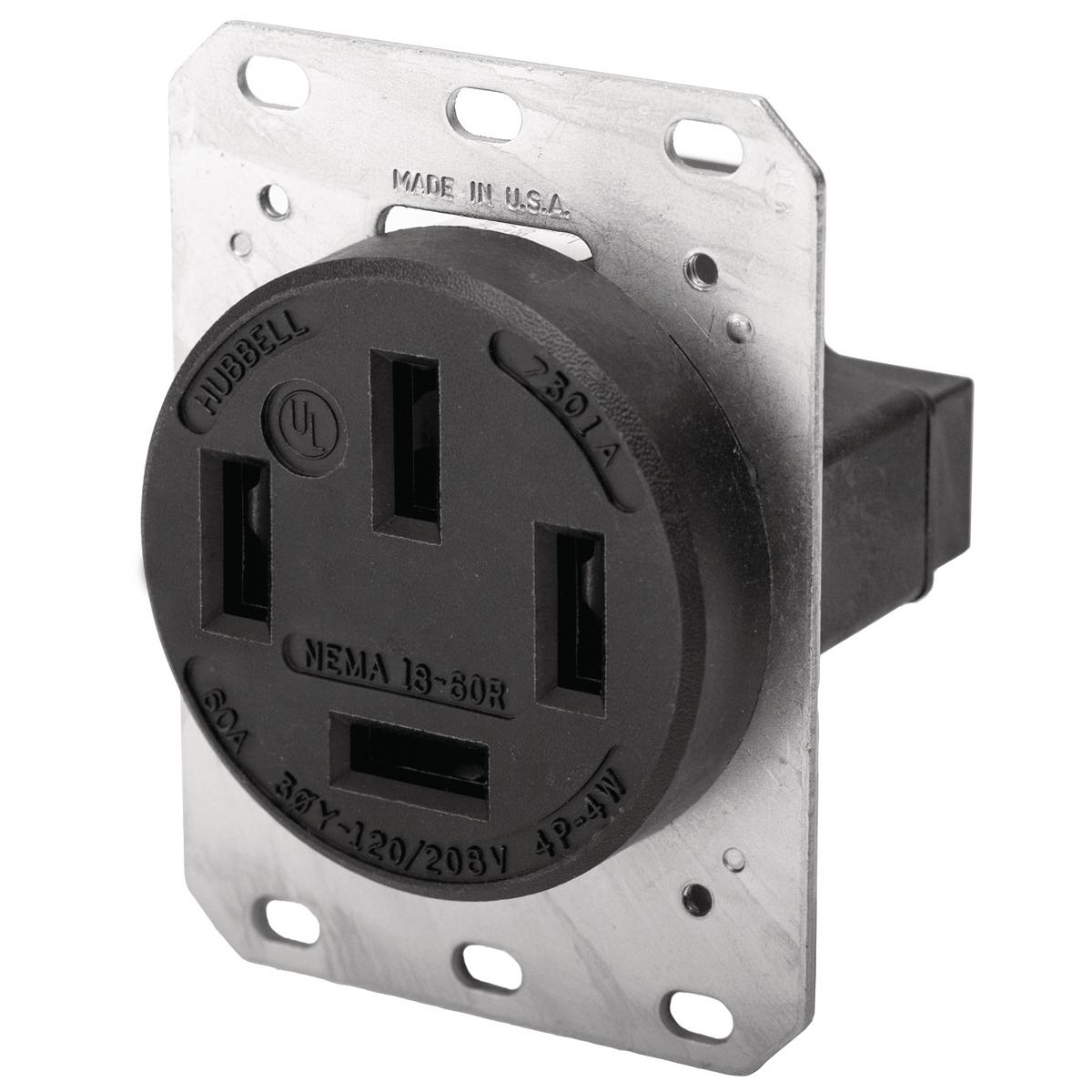 Hubbell Wiring Device-Kellems HBL7301A 3-Phase Heavy Duty Non-Grounding Standard Screw Mount Straight Blade Receptacle, 120/208 V AC, 60 A, 4 Poles, 4 Wires, Black