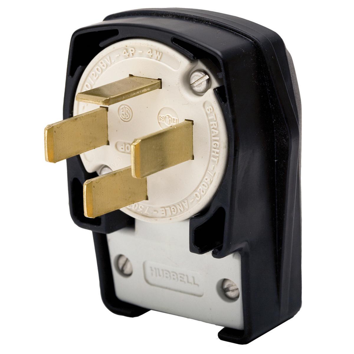 Hubbell Wiring Device-Kellems HBL7302C 3-Phase Angled Heavy Duty Non-Grounding Male Cord Mount Straight Blade Plug, 120/208 V AC, 60 A, 4 Poles, 4 Wires, Black
