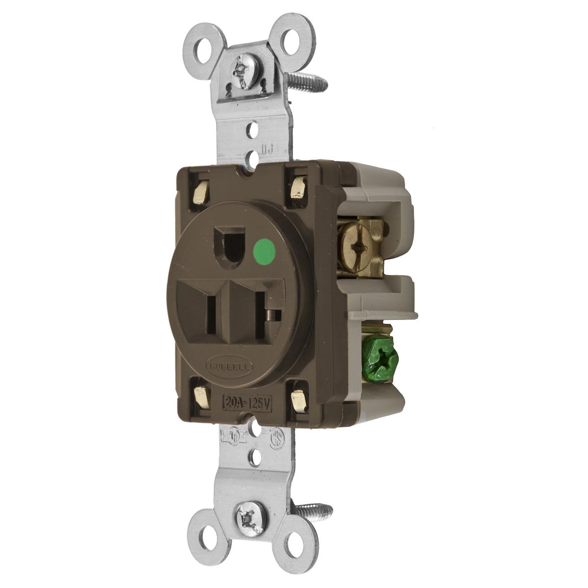 Hubbell Wiring Device-Kellems HBL® HBL8310 HBL® 1-Phase Extra Heavy Duty Single Self-Grounding Standard Screw Mount Straight Blade Receptacle, 125 V AC, 20 A, 2 Poles, 3 Wires, Brown