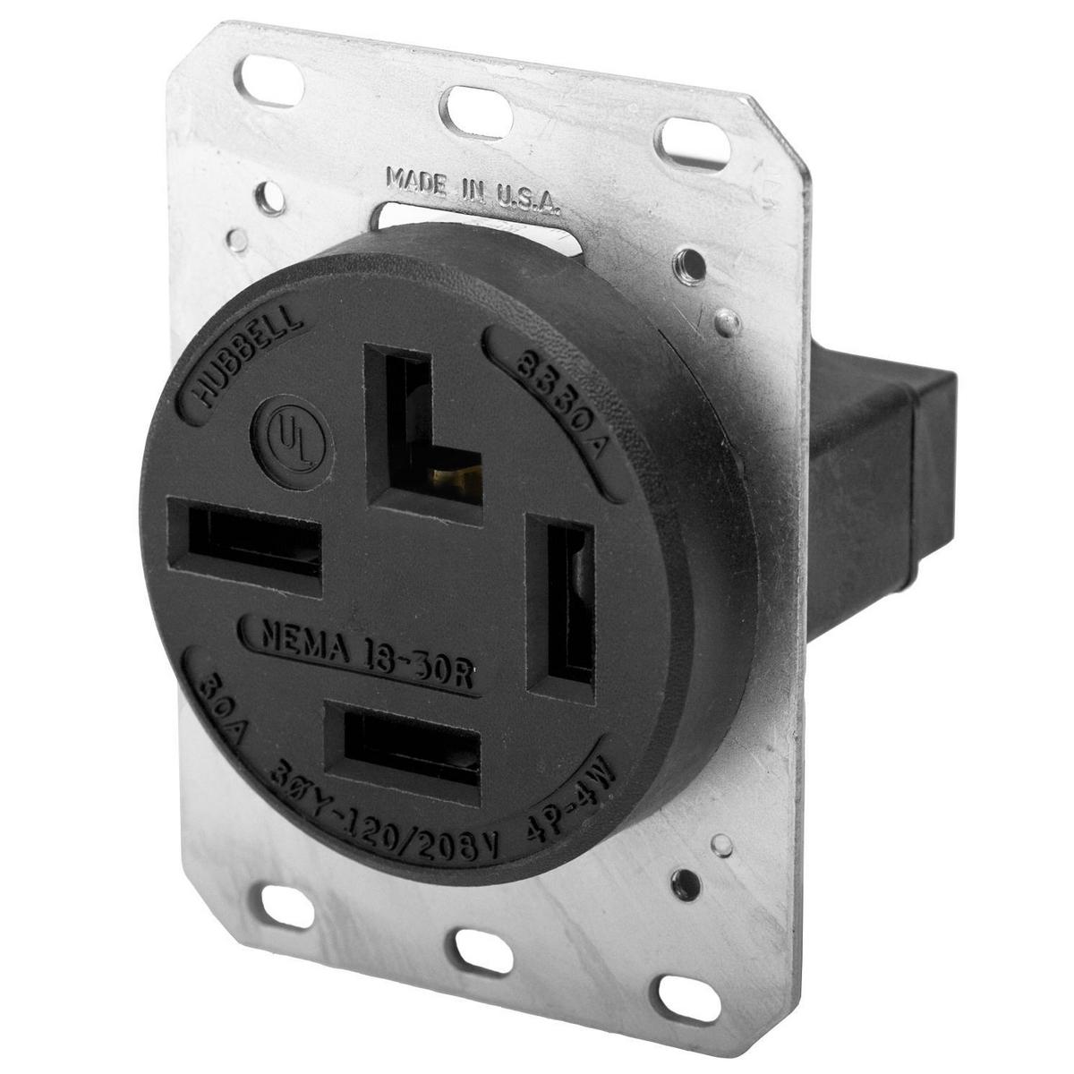 Hubbell Wiring Device-Kellems HBL® HBL8330A 3-Phase Heavy Duty Non-Grounding Single Standard Screw Mount Straight Blade Receptacle, 120/208Y V AC, 30 A, 4 Poles, 4 Wires, Black