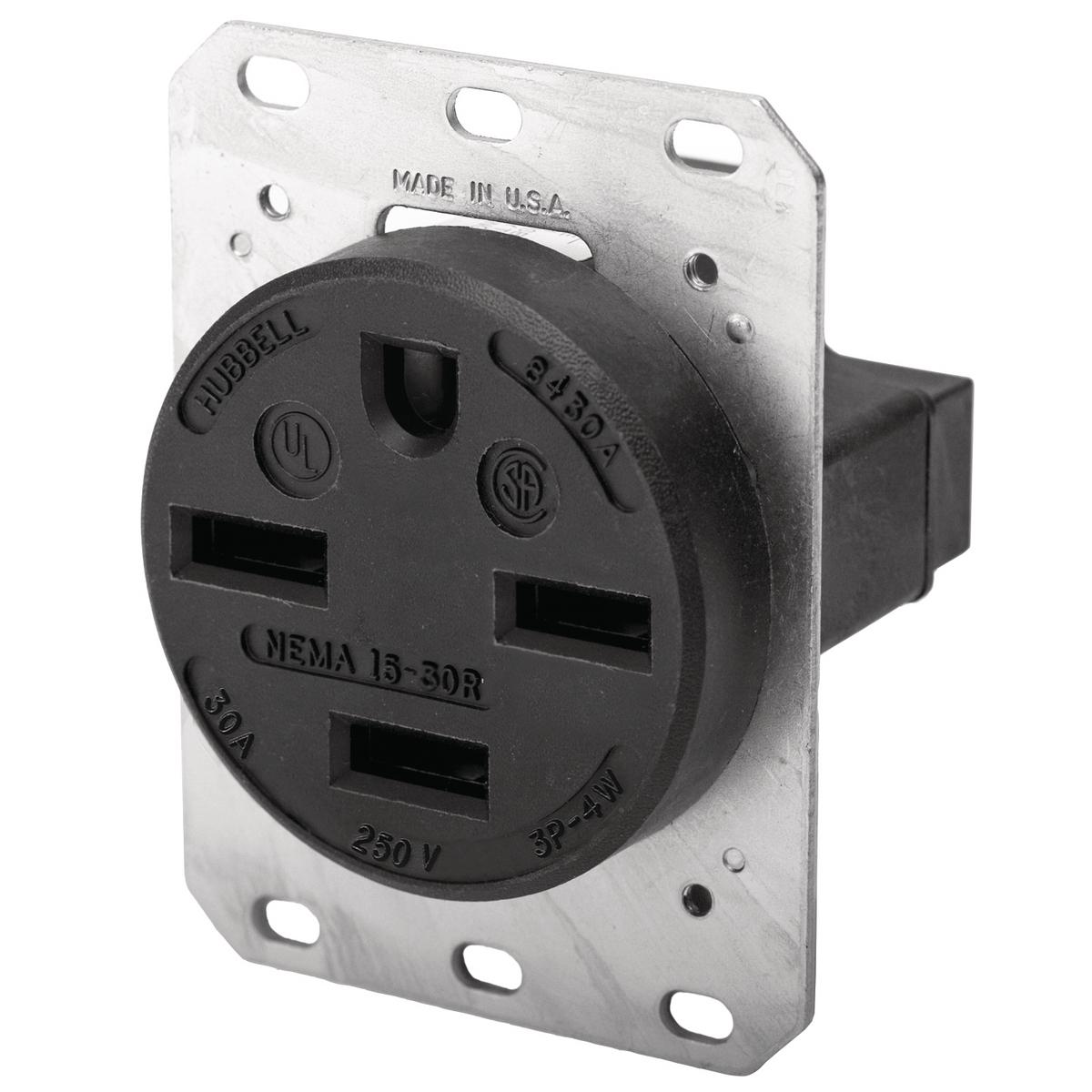 Hubbell Wiring Device-Kellems HBL8430A HBL® 3-Phase Heavy Duty Grounding Single Standard Screw Mount Straight Blade Receptacle, 250 V AC, 30 A, 3 Poles, 4 Wires, Black