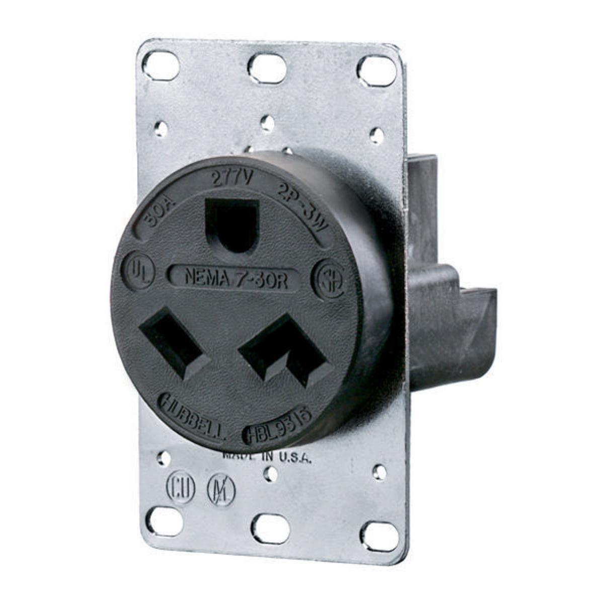Hubbell Wiring Device-Kellems HBL9315 1-Phase Grounding Heavy Duty Standard Screw Mount Straight Blade Receptacle, 277 V AC, 30 A, 2 Poles, 3 Wires, Black