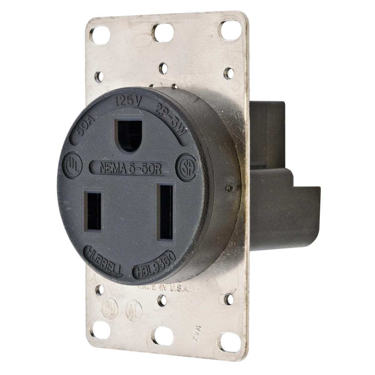 Hubbell Wiring Device-Kellems HBL9360 HBL® 1-Phase Grounding Heavy Duty Standard Single Screw Mount Straight Blade Receptacle, 125 V AC, 50 A, 2 Poles, 3 Wires, Black
