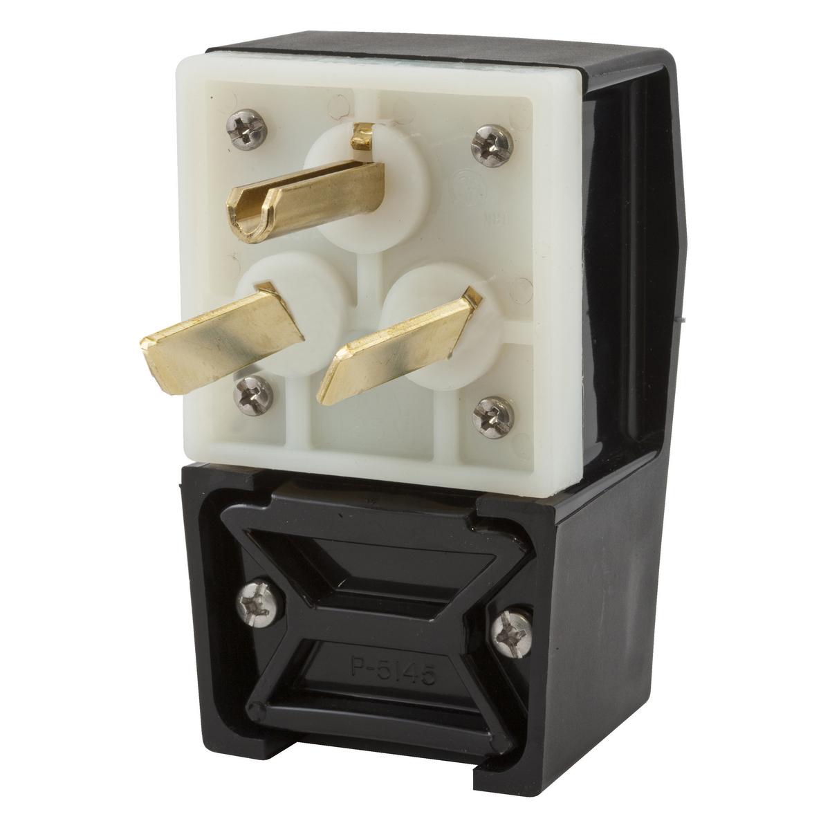 Hubbell Wiring Device-Kellems HBL9379 1-Phase Angled Grounding Heavy Duty Male Cord Mount Straight Blade Plug, 277 V AC, 50 A, 2 Poles, 3 Wires, Black