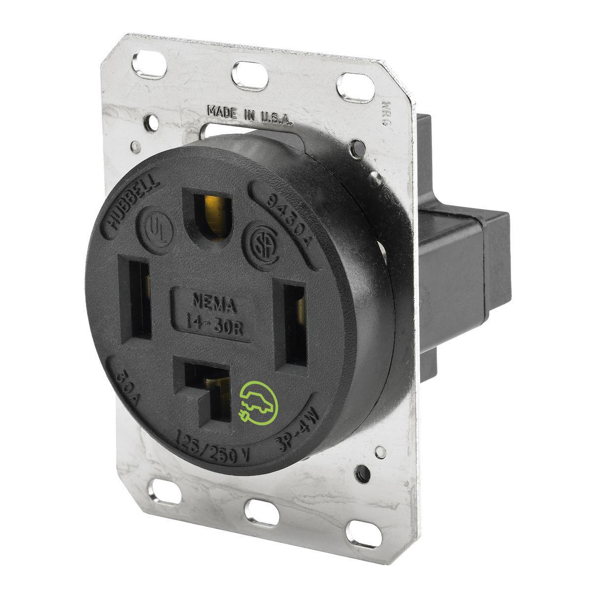 Hubbell Wiring Device-Kellems HBL9430A HBL® 1-Phase Grounding Heavy Duty Standard Single Screw Mount Straight Blade Receptacle, 125/250 V AC, 30 A, 3 Poles, 4 Wires, Black