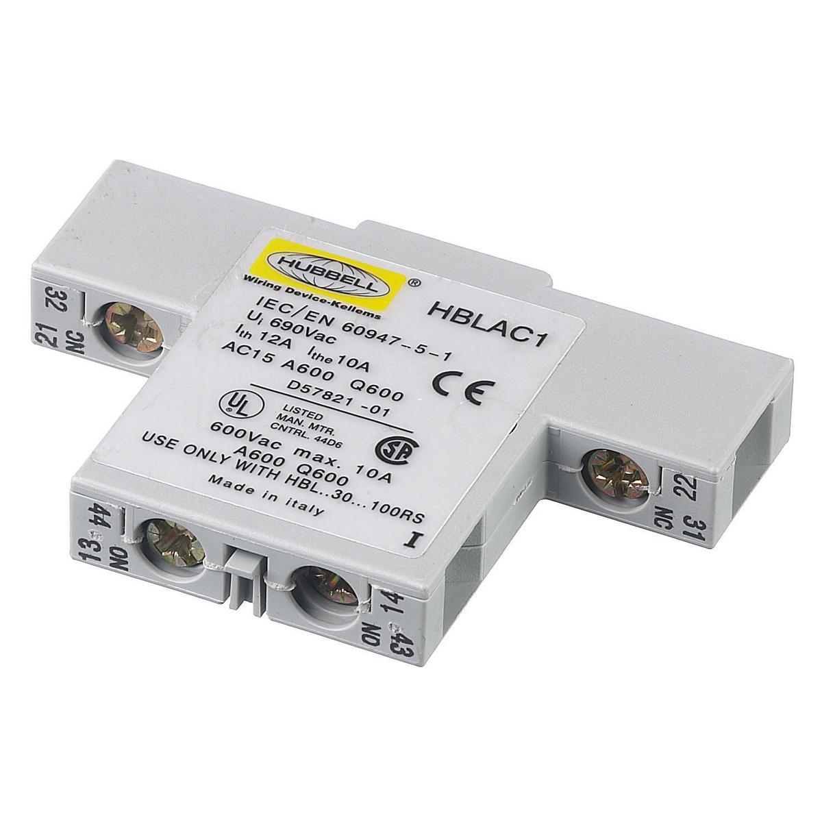 Hubbell Wiring Device-Kellems Circuit-Lock® Twist-Lock® HBLAC1 3-Pole 2-Position Break After Break Pilot Duty Standard Auxiliary Contact, 250 V, 10 A, 1NO-1NC Contacts, Composite