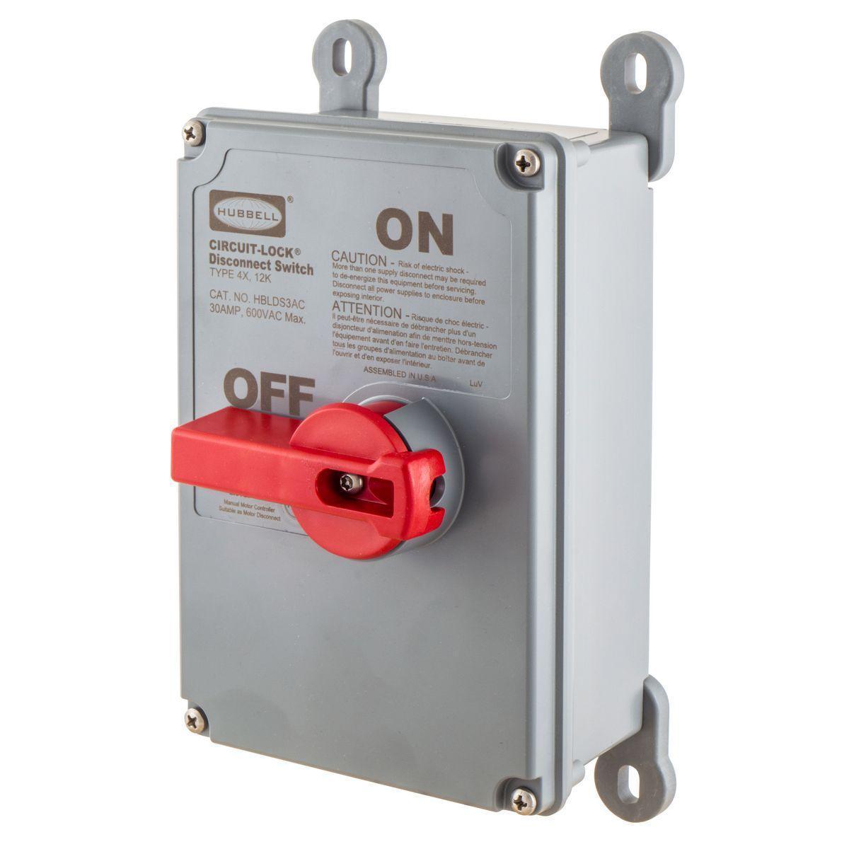 Hubbell Wiring Device-Kellems Circuit-Lock® HBLDS10AC 2-Position Non-Metallic Standard Unfused Disconnect Switch, 600 V, 100 A, 50 hp, 2-Position Contact, 3 Poles