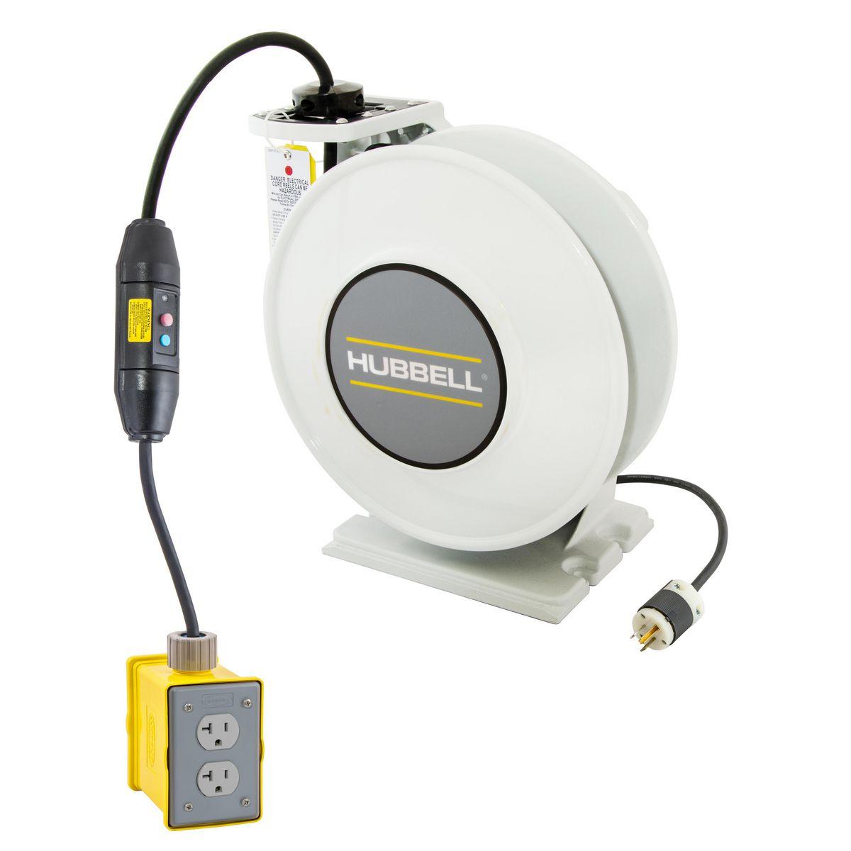 Hubbell Wiring Device-Kellems inREACH™ HBLI45123GF220 SJO Cord Industrial Cord Reel With GFCI Module, (2) 20 A Duplex Receptacles, Yellow Portable Outlet Box and HBL5366C On The Power Supply Cord, 250 V, 20 A, 45 ft L Cord, 12/3 AWG Conductor