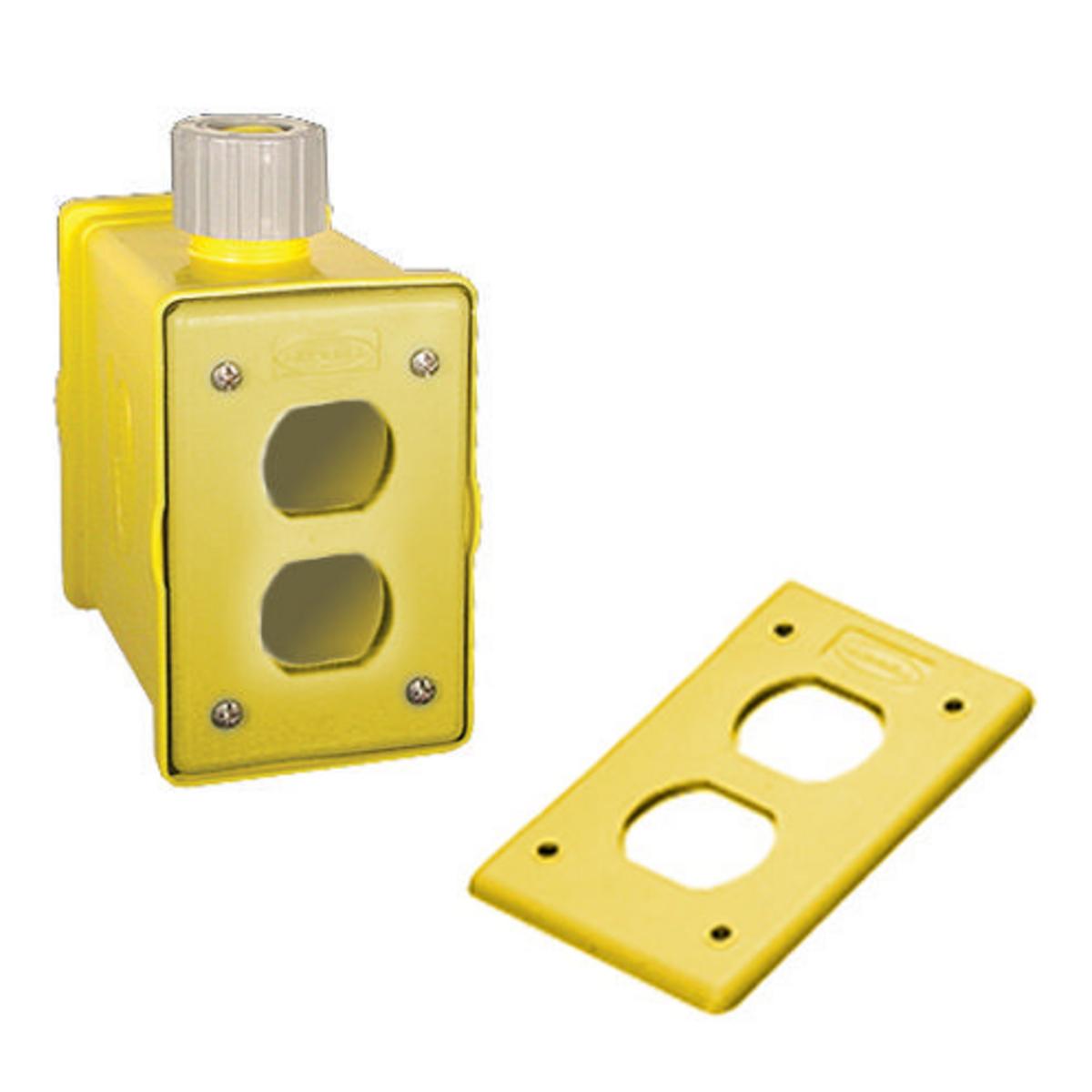 Hubbell Wiring Device-Kellems HBLPOB1DY Standard Sized Weatherproof Molded Portable Outlet Box, Valox®, 1 cu-in Capacity, 1 Gangs, (1) Outlets, 5.38 in L x 4.2 in W x 3.18 in H