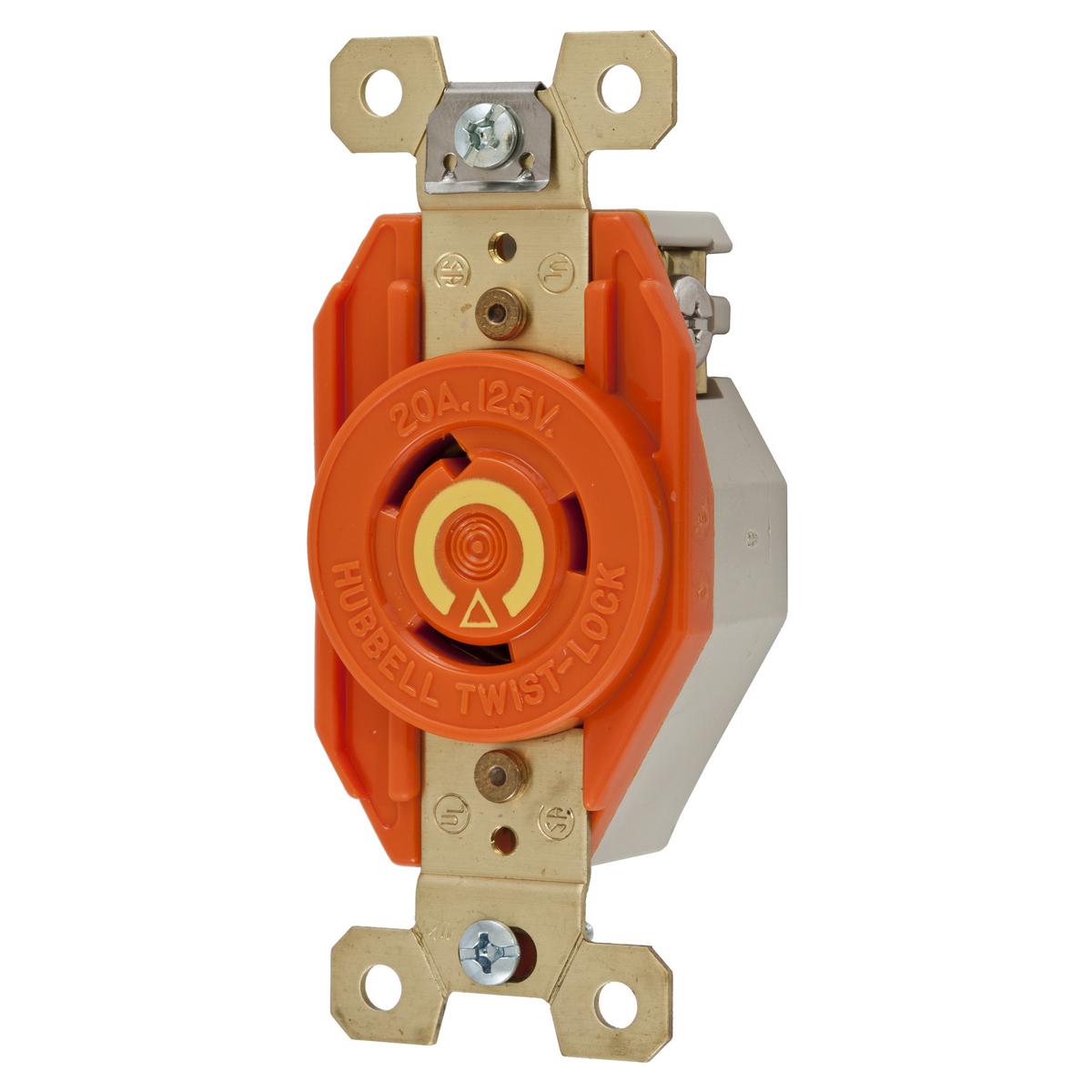 Hubbell Wiring Device-Kellems Twist-Lock® Insulgrip® IG2310 IG Series 1-Phase Heavy Duty Isolated Grounding Single Screw Mount Locking Receptacle, 125 V AC, 20 A, 2 Poles, 3 Wires, Orange