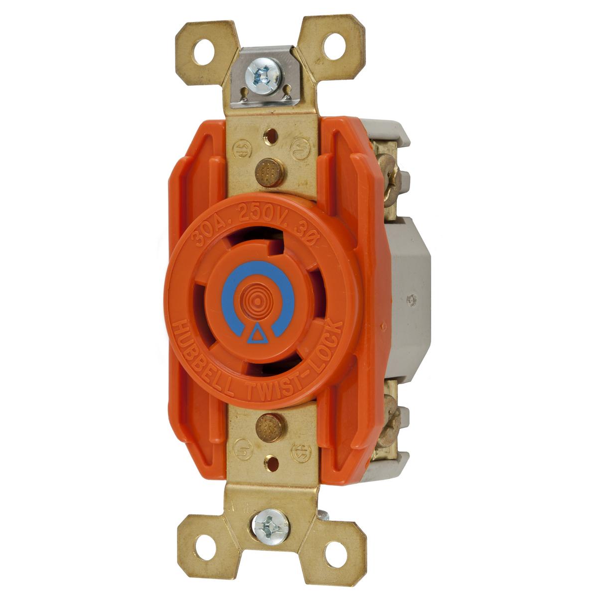 Hubbell Wiring Device-Kellems Twist-Lock® Insulgrip® IG2720 IG Series 3-Phase Heavy Duty Isolated Ground Single Standard Screw Mount Locking Receptacle, 250 V AC, 30 A, 3 Poles, 4 Wires, Orange