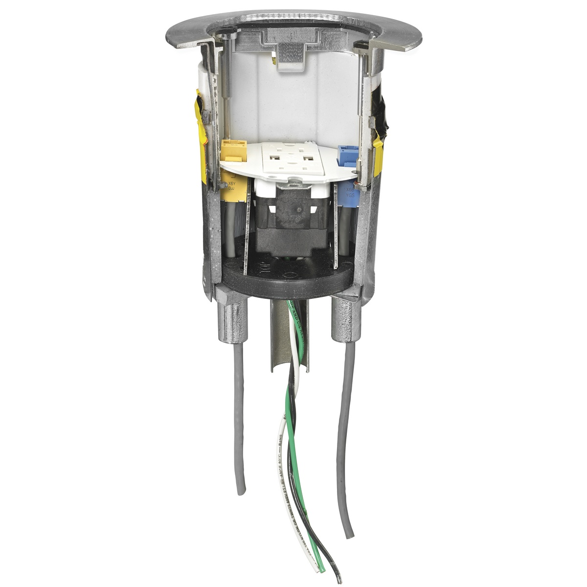 Hubbell Wiring Device-Kellems S1R4PTQUADALU 1-Piece Recessed Standard Sized Poke-Through Assembled Unit, 4 in Hole, 0.1 in THK Cover, 23.5 cu-in Capacity, Assorted Materials