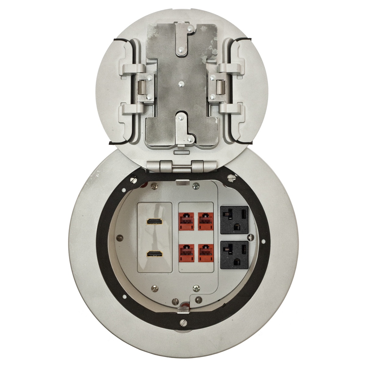 Hubbell Wiring Device-Kellems SystemOne ScrubShield® S1R6PTALU Flush Recessed Standard Sized Poke-Through Assembled Unit, 6 in Hole, 7-1/2 in Dia Cover, 1000 lb Capacity, Assorted Materials