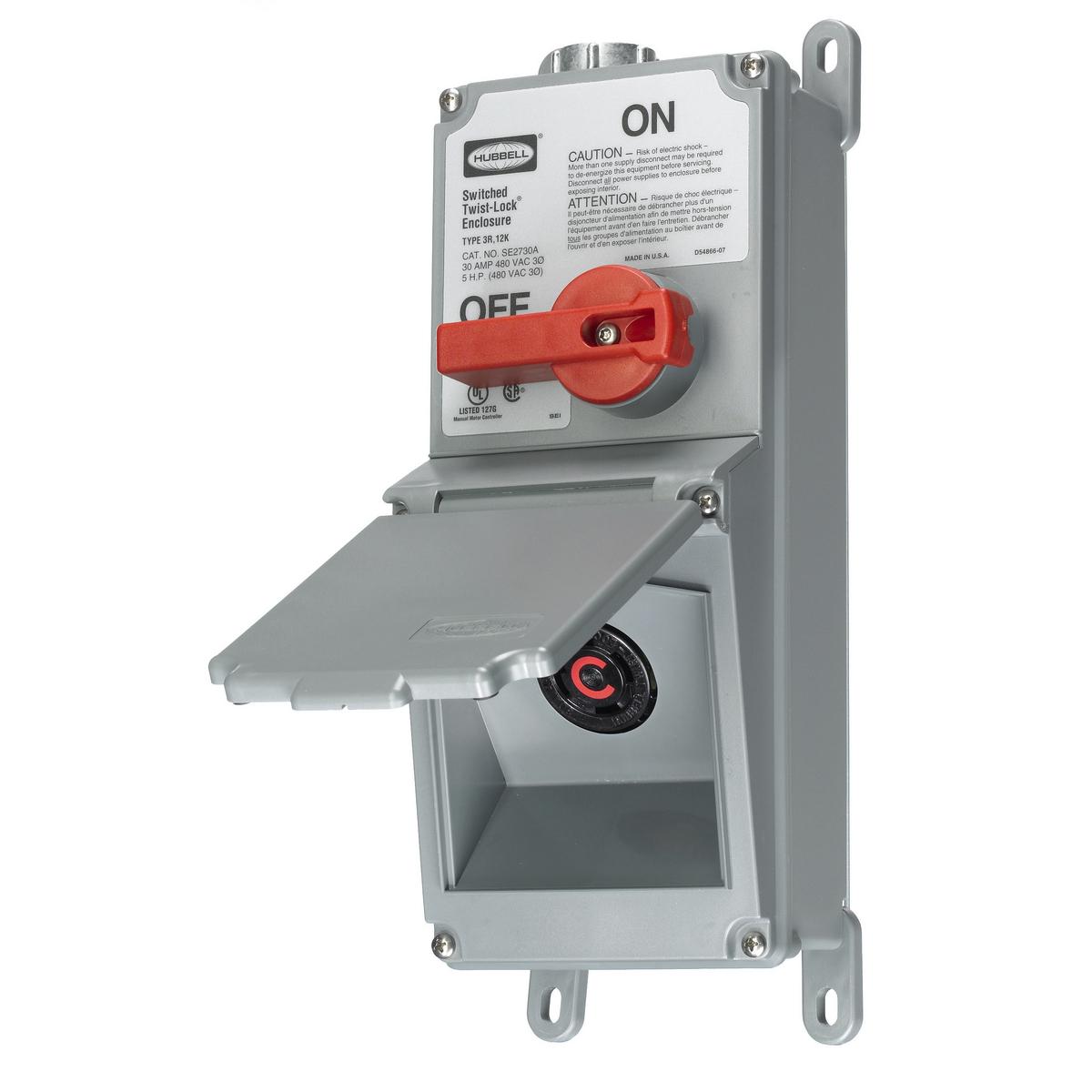 Hubbell Wiring Device-Kellems Twist-Lock® SE2730A 2-Position Extra Heavy Duty Lever Actuated Standard Sized Foot Mount Switched Enclosure, 480 V AC, 30 A, 3 Poles, Gray