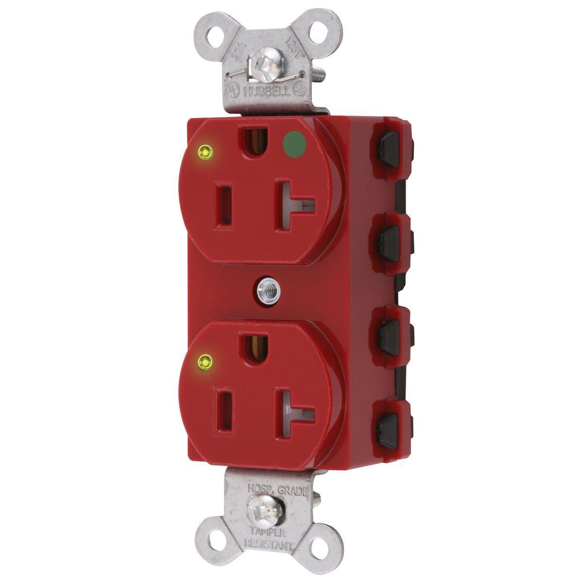 Hubbell Wiring Device-Kellems SNAPConnect® SNAP8300RTRA 1-Phase Duplex Extra Heavy Duty Standard Tamper Resistant Screw Mount Straight Blade Receptacle, 125 V AC, 20 A, 2 Poles, 3 Wires, Red