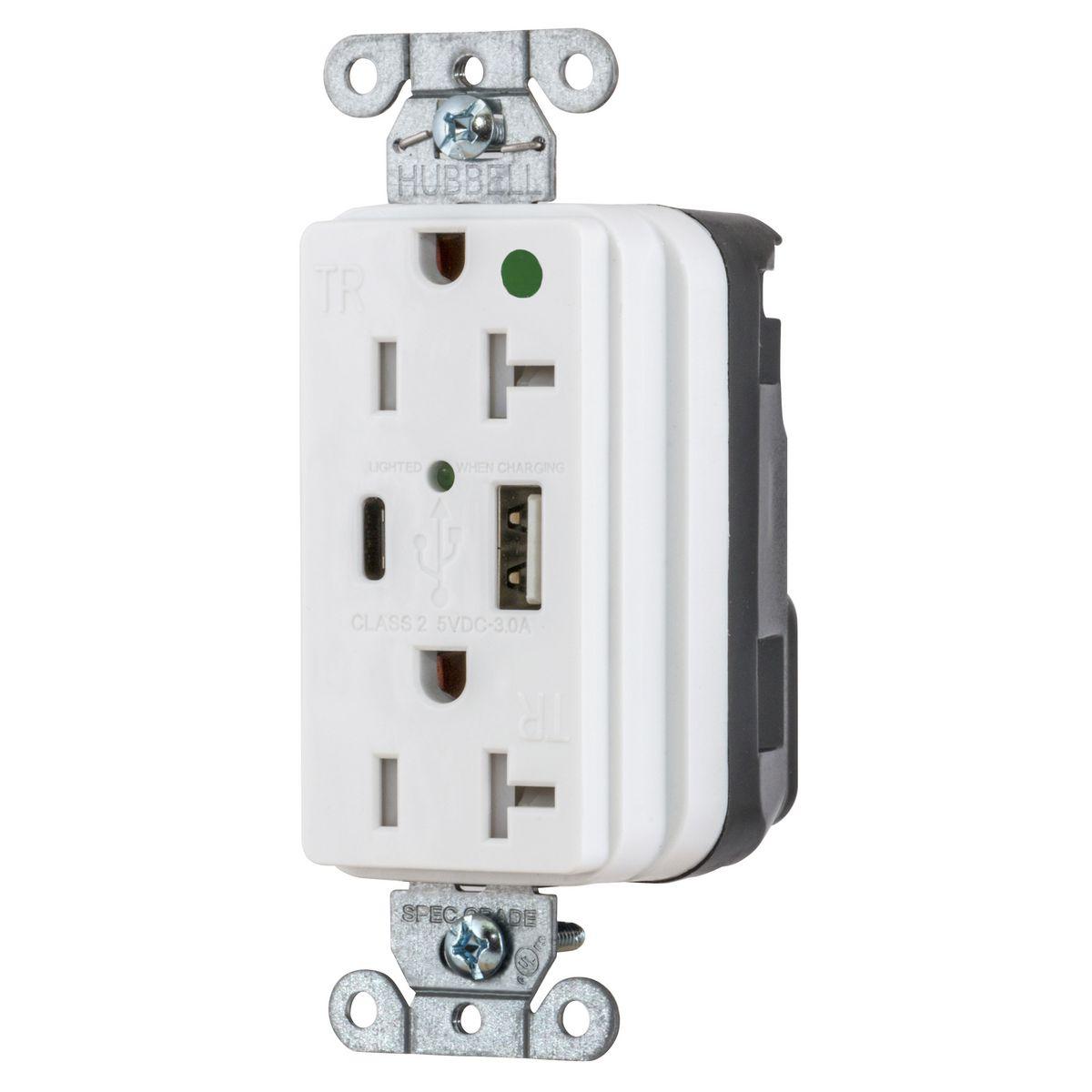 Hubbell Wiring Device-Kellems SNAPConnect® SNAP8300UACW Decorator Duplex Straight Blade USB Charger Receptacle, 125 V AC, 20 A, 2 Poles, 3 Wires, White