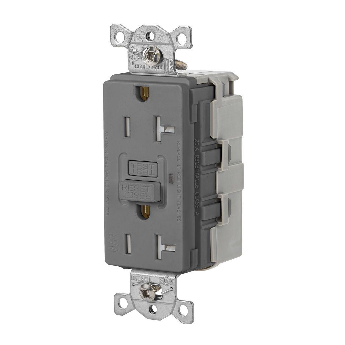Hubbell Wiring Device-Kellems SNAPGFTW20GRY Heavy Duty GFCI Receptacle, 125 V AC, 20 A, 2 Poles, 3 Wires, Grey