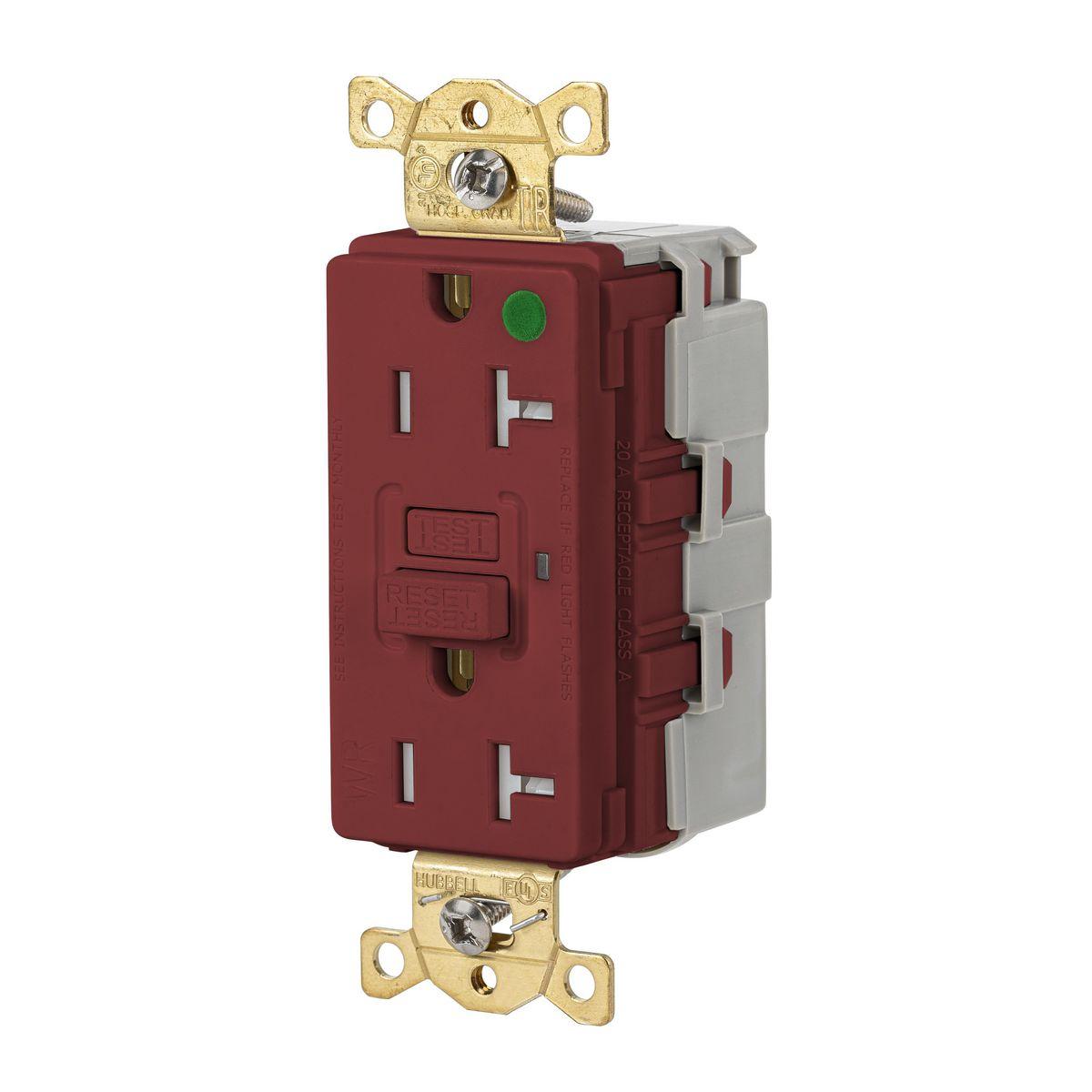Hubbell Wiring Device-Kellems SNAPGFTW83R Heavy Duty GFCI Receptacle, 125 V AC, 20 A, 2 Poles, 3 Wires, Red