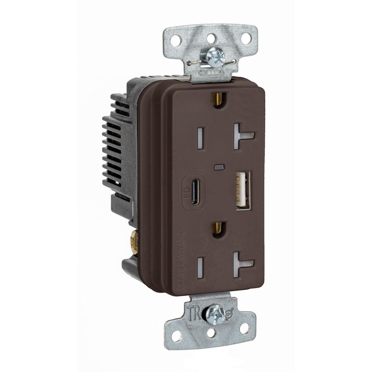 Hubbell Wiring Device-Kellems USB20ACPD USB Charger Tamper Resistant USB, Electrical Ratings: 125 V AC, 20 A, 2 Poles, 3 Wires, Brown